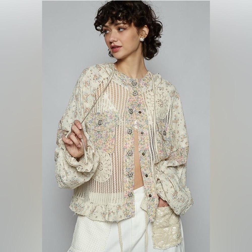 Balloon Sleeve Floral Contrast Crochet & Gauze Jacket - POL